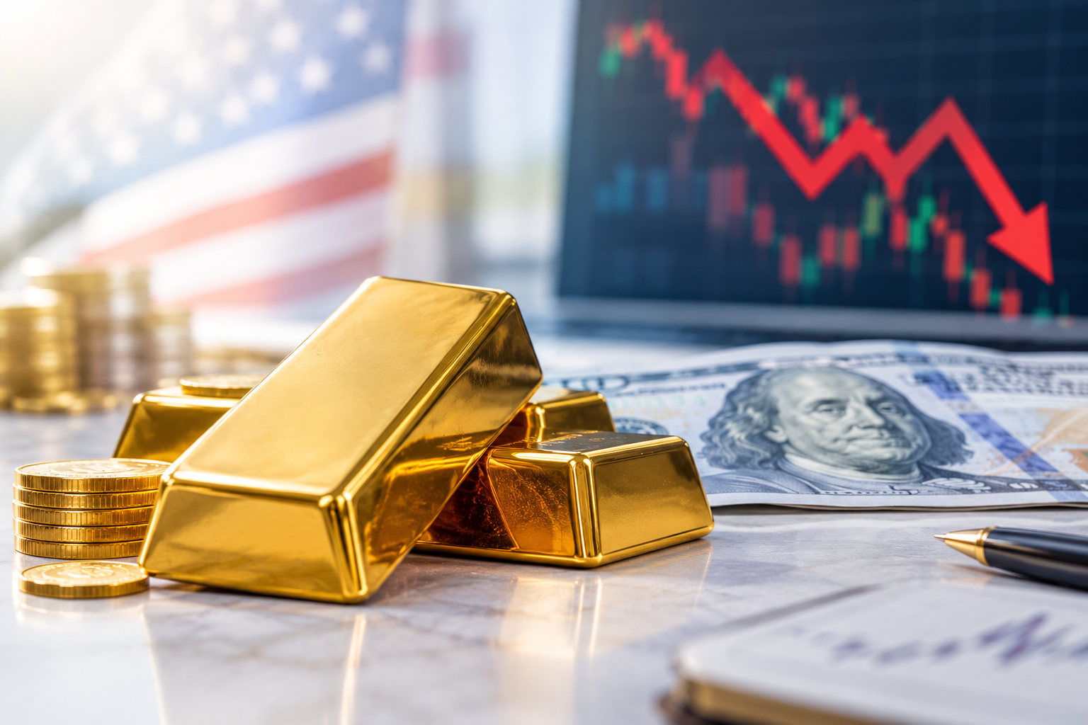 الذهب يتراجع 1.8% مع صعود الدولار وعوائد السندات.. بيانات النشاط الأمريكي تعزز توقعات رفع الفائدة